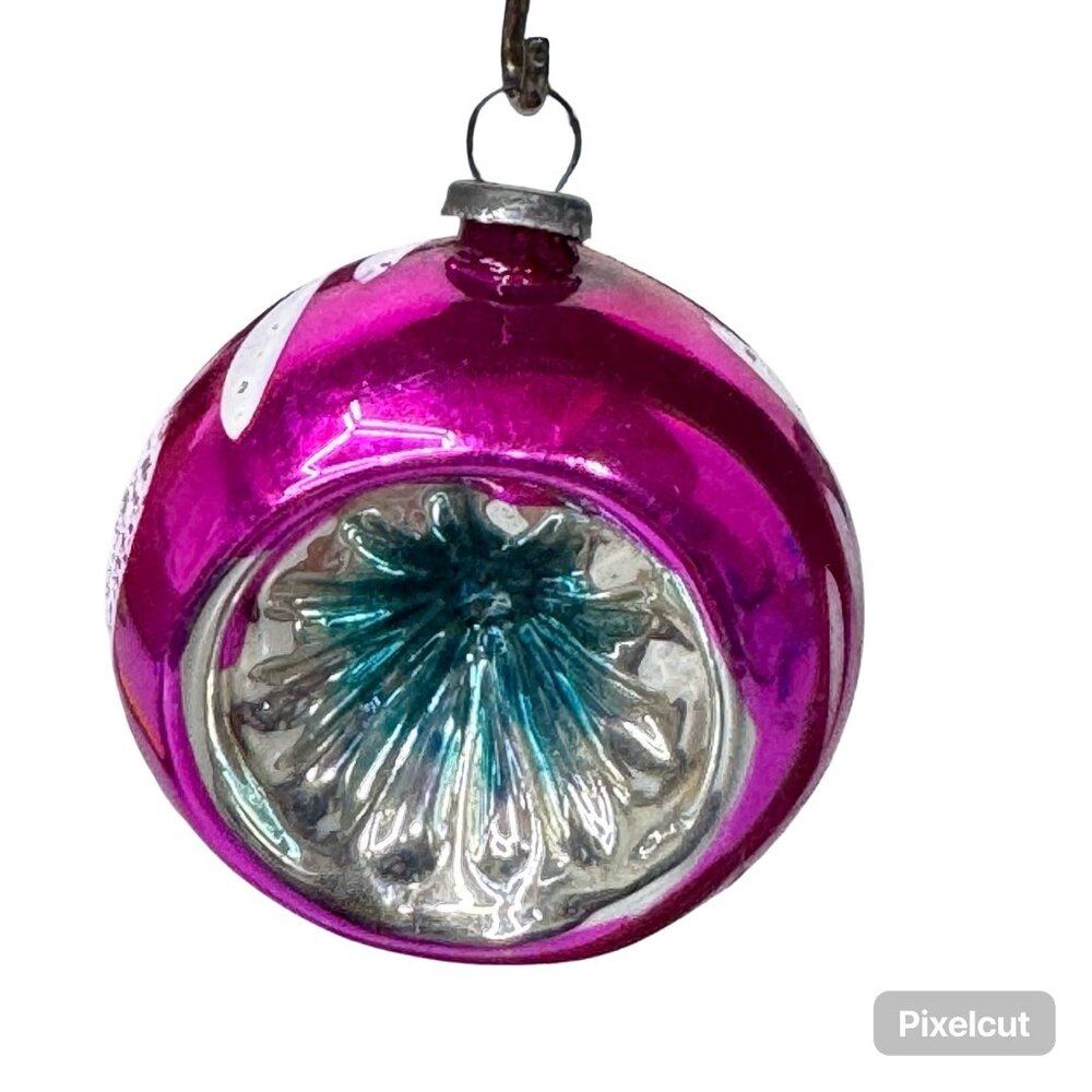 Vintage Hand Painted Hot Pink Indented Mercury Glass Christmas Ornament Germany